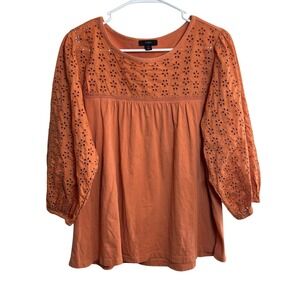 J. Crew Eyelet Sleeve Yoke Top Blouse‎ Size M Orange Cotton Casual Feminine